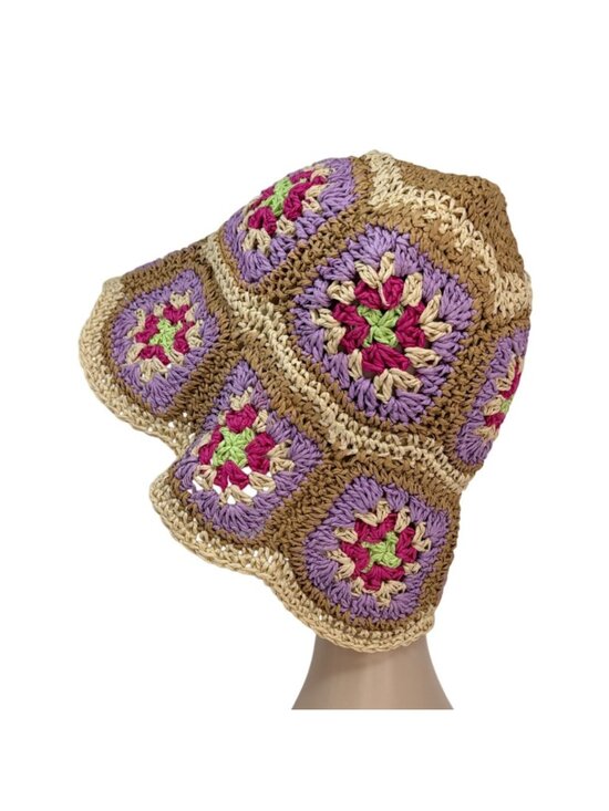 Vintage‎ Crochet Straw Bucket Hat Granny Square Pastel Boho 1990s main image 3